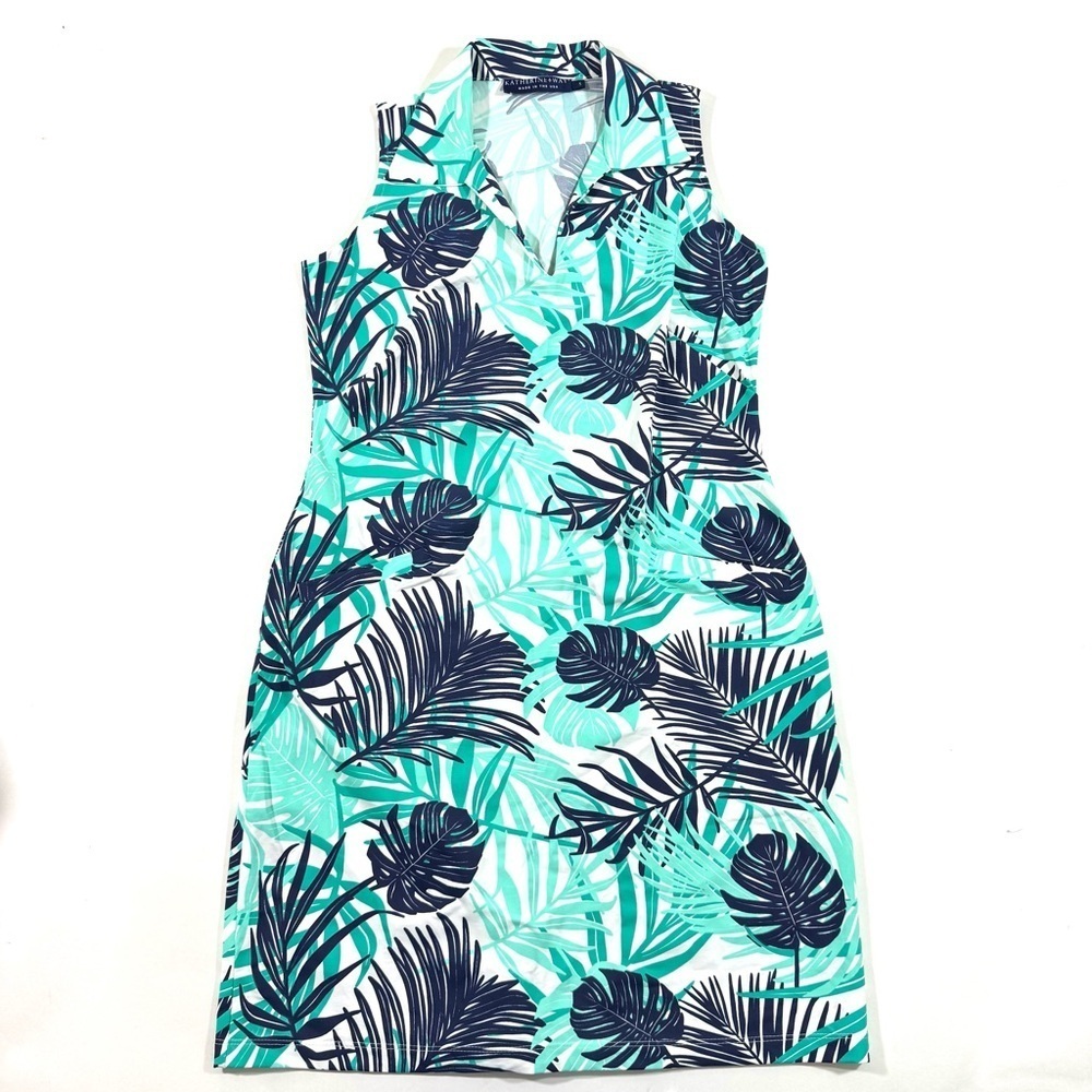 Katherine Way St Regis Dress Collared Palm Print Blue Green